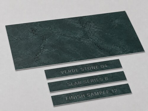 LYS-7130 thin green marble effect white core textured engraving material with shallow showroom sample label engravings